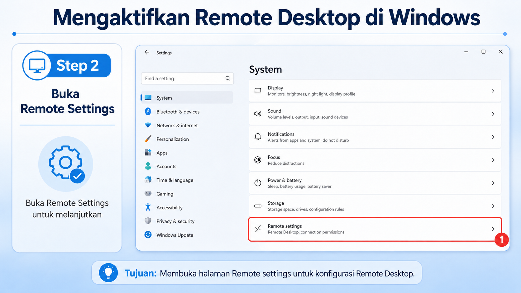 Membuka Remote Settings pada pengaturan System Windows