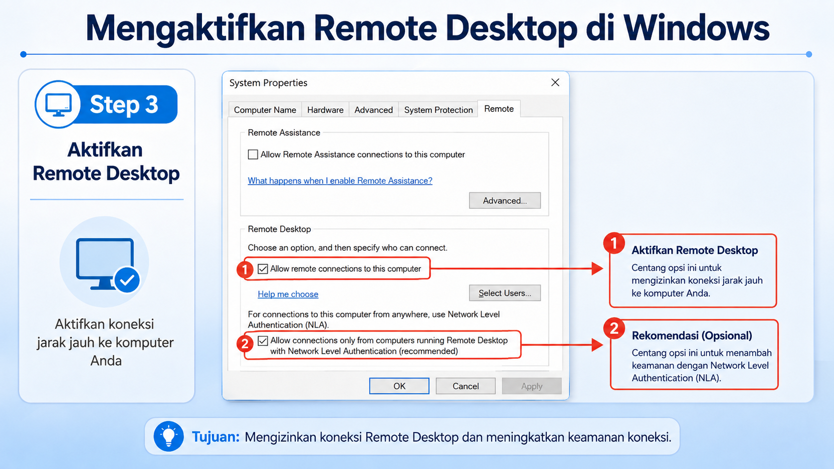 Mengaktifkan Remote Desktop dan Network Level Authentication di Windows