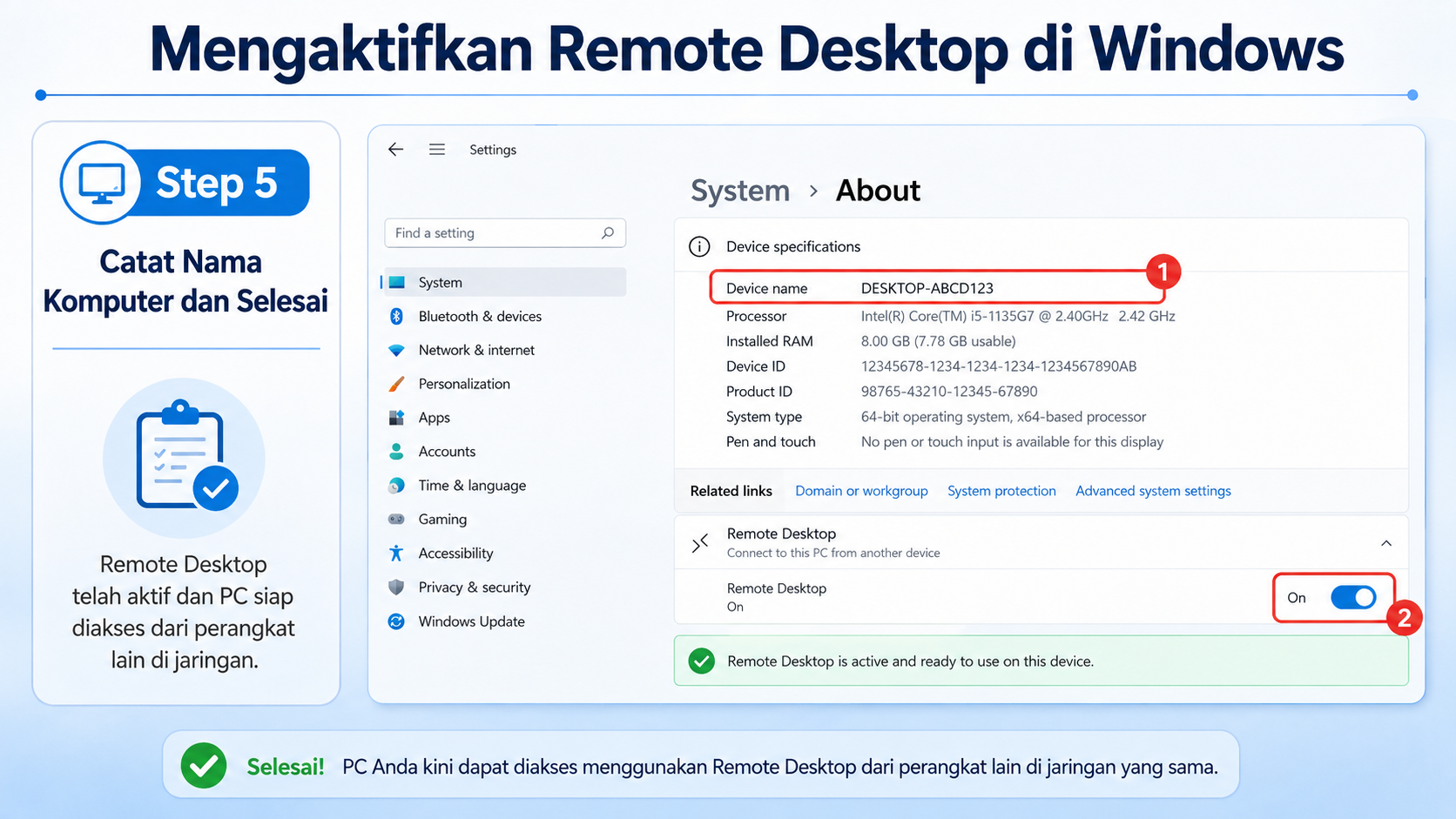 Mencatat nama komputer setelah Remote Desktop berhasil diaktifkan