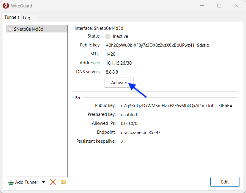 Tunnel WireGuard aktif pada Windows