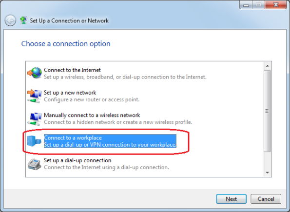 Pilihan Connect to a workplace pada Windows 7