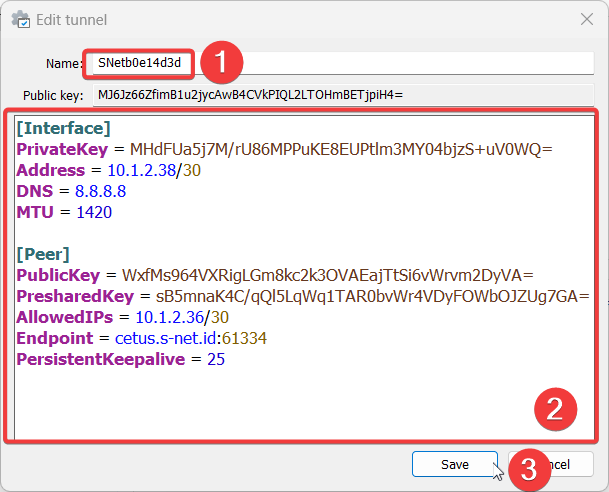 Form konfigurasi tunnel WireGuard Windows