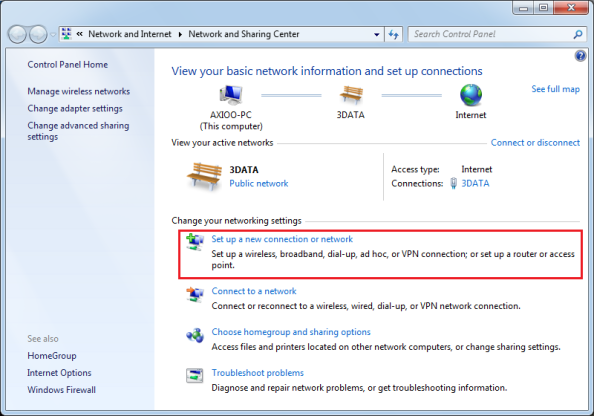 Menu Set up a new connection or network pada Windows 7