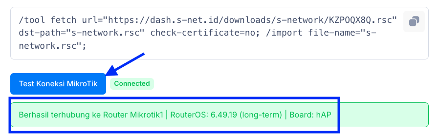 Test koneksi MikroTik di dashboard S-Network