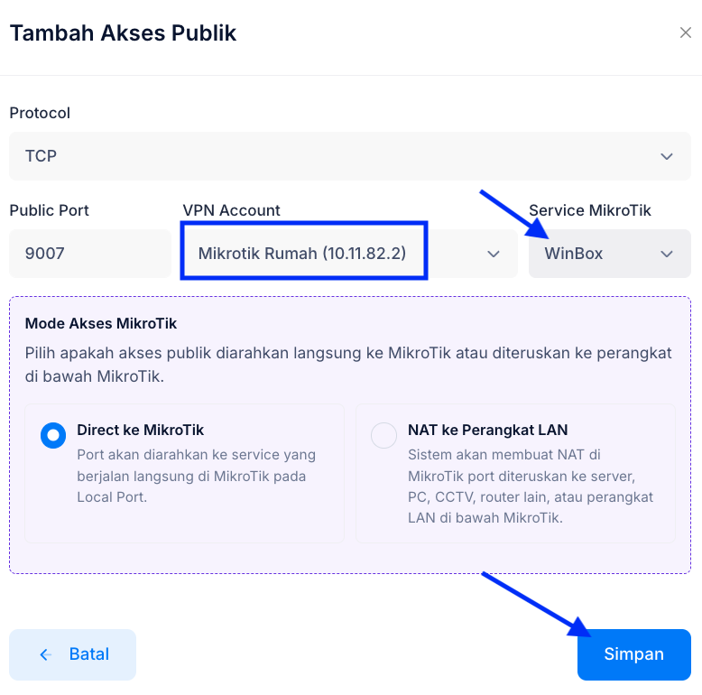 Pilih service Winbox untuk Akses Publik