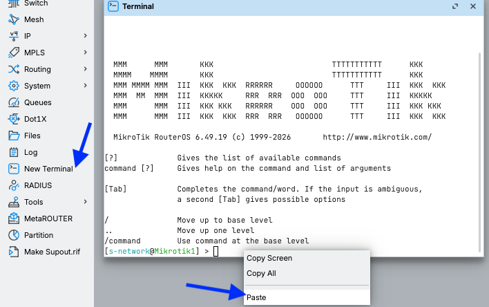 Menjalankan script S-Network melalui Terminal MikroTik
