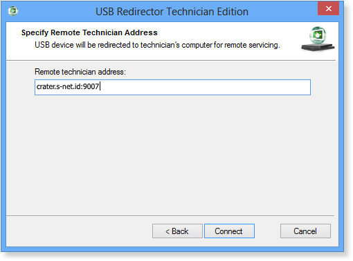 Memasukkan alamat crater.s-net.id:9007 di USB Redirector customer module