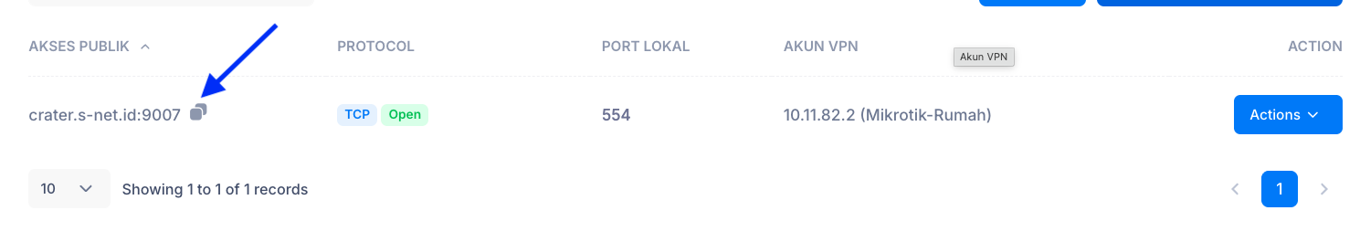 Menyalin alamat Akses Publik crater.s-net.id:9007 di dashboard S-Network